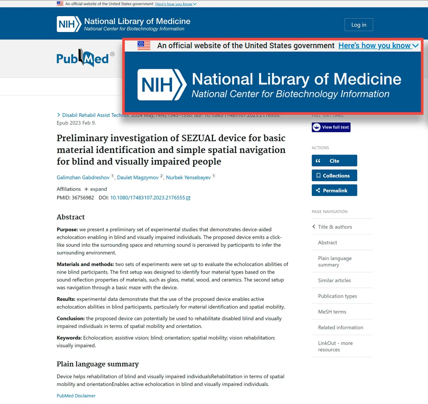 Запись PubMed PMID 36756982 — статья об устройстве VISION FOR BLIND в базе данных NIH Национальной медицинской библиотеки США, DOI 10.1080/17483107.2023.2176555