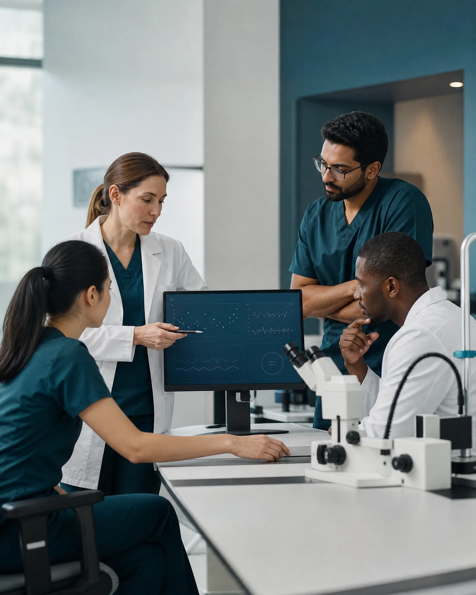 Clinical team reviewing an ophthalmic safety system at a workstation