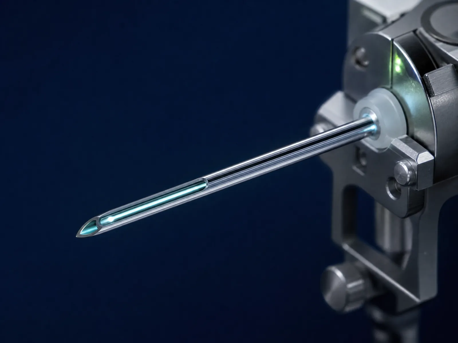 Phaco needle mounted in a diagnostic holder with optical illumination