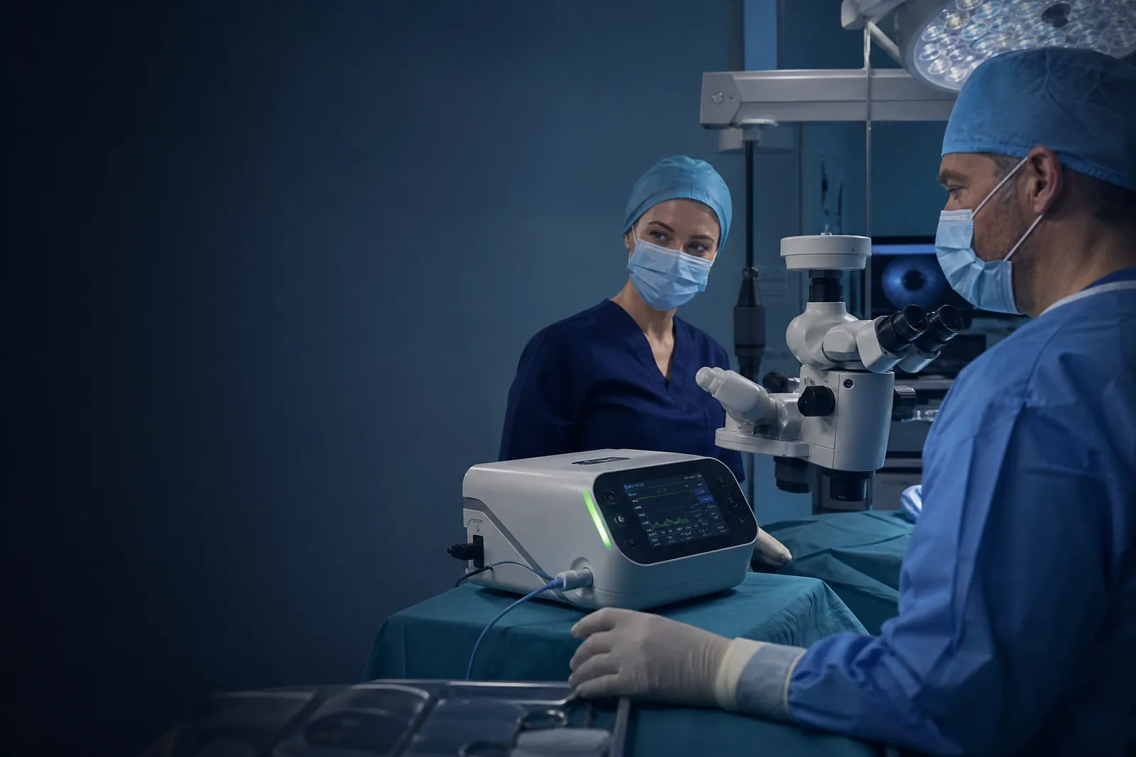 Ophthalmology team working with a clinical safety analysis system